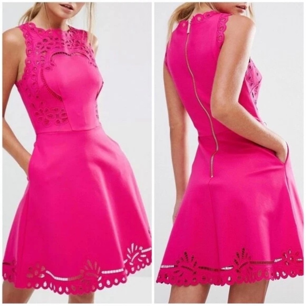 Ted Baker London Hot Pink Laser Cut Skater Dress – Size 1